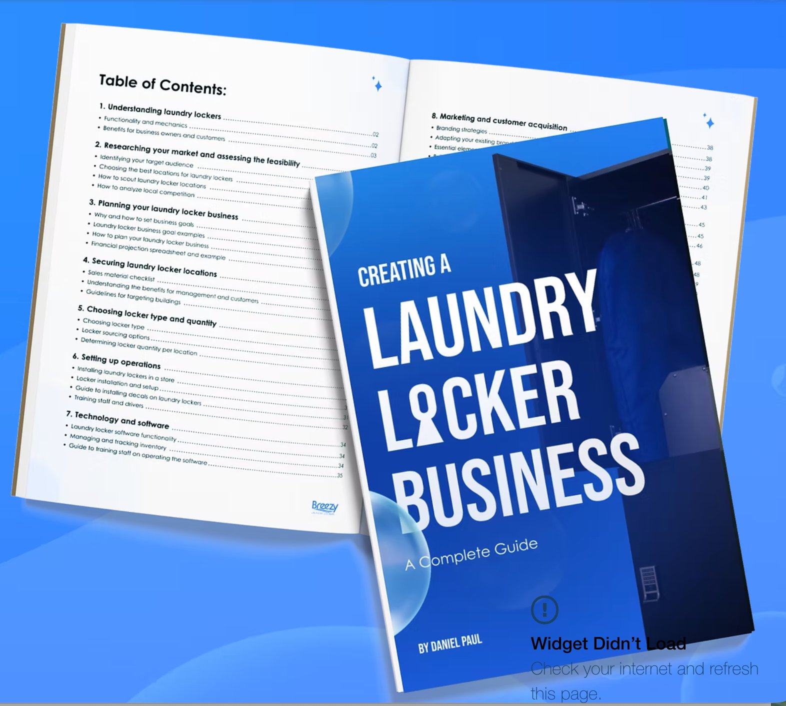 Creating a Laundry Locker Business — the complete guide by Daniel Paul, shown with the book cover and table of contents covering market research, locker selection, locations, software, and operations