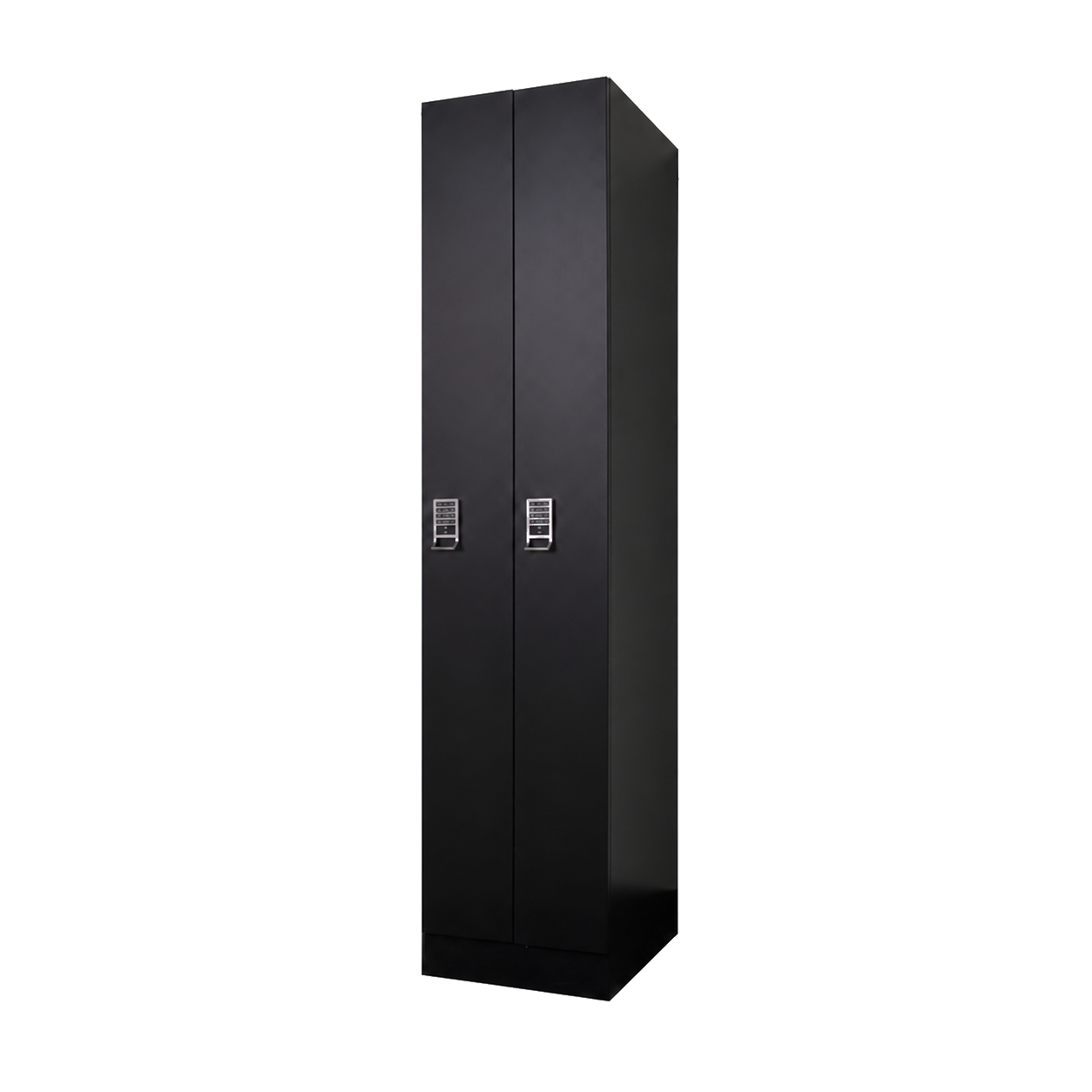 Long-door laundry locker side angle showing depth and keypad lock positioning